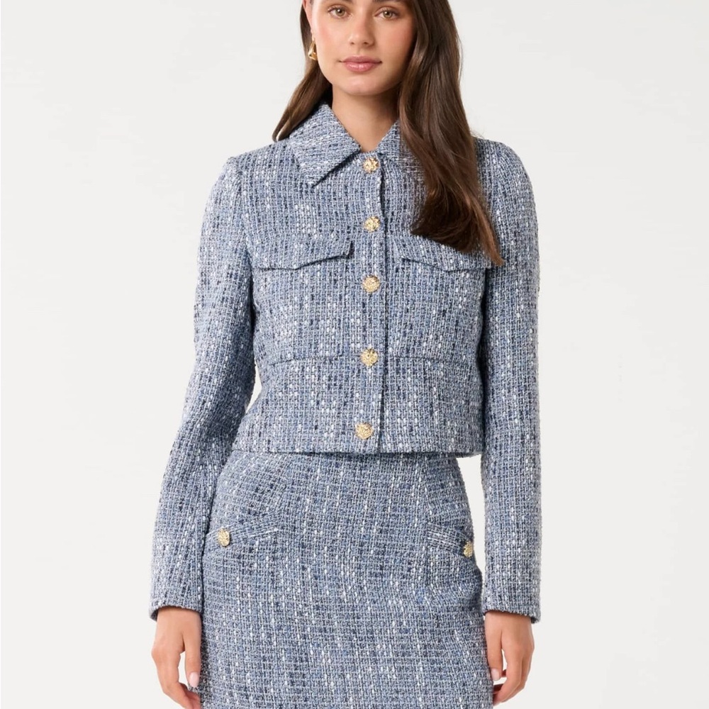 Ever New Blue Tweed Cropped Blazer with Gold Buttons